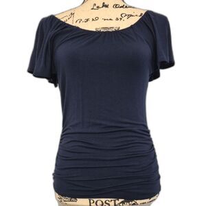 J.Crew Navy Blue Ruched Side Top Flutter Sleeve Stretch Modal Blouse Size S